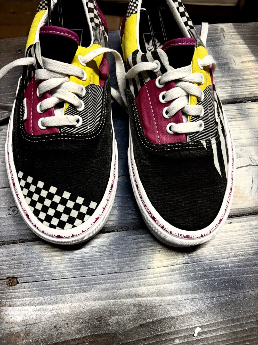 Vans Old Skool black sneakers with yellow, magenta, and white checkeredMen 9